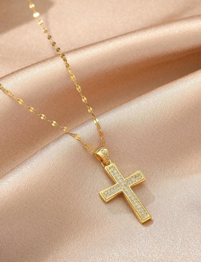 Stainless Steel Cross Diamond Pendant Necklace