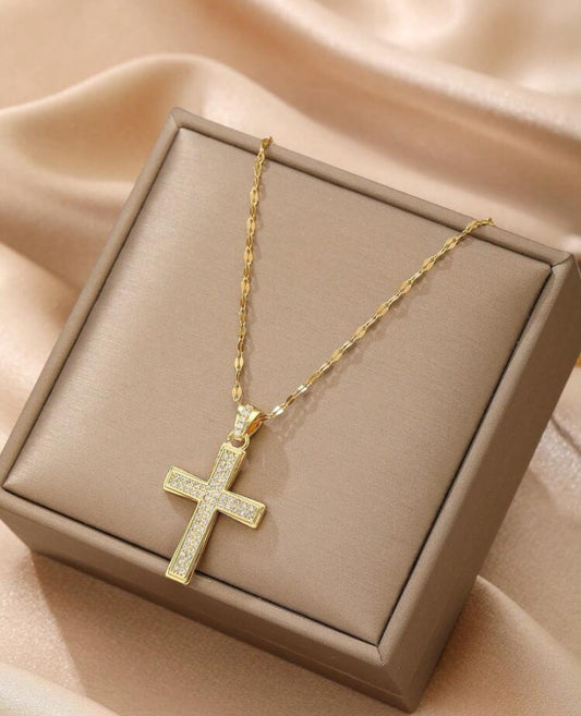 Stainless Steel Cross Diamond Pendant Necklace